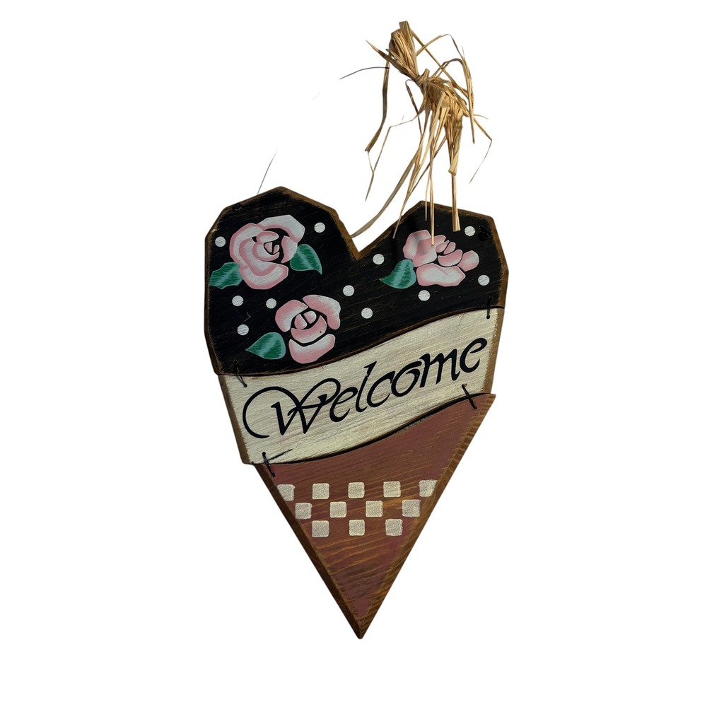 Rustic Hand Painted Wooden Heart Welcome Sign Pink Roses Floral Wall Decor 15in